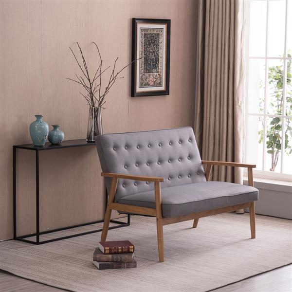 A款复古的现代木质 双人沙发椅 休闲椅 浅灰色布料 【126 x 75 x 83.5cm】-26