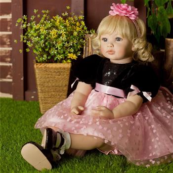 【KRT】布身仿真娃娃：24英寸 金色短卷发黑粉裙