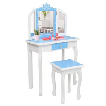 【TS】儿童木质梳妆台：三面可折叠镜子梳妆台+椅子 单个抽屉 蓝色雪花款 W08H126C