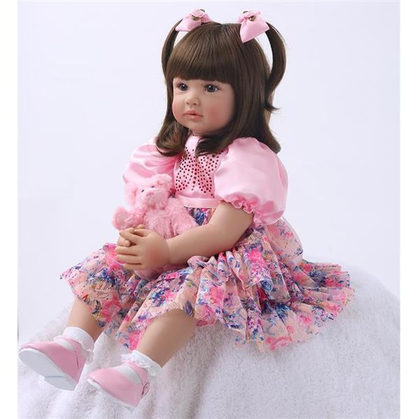 【KRT】布身仿真娃娃:24英寸 棕色卷发彩色印花裙子(纤维发套)-2