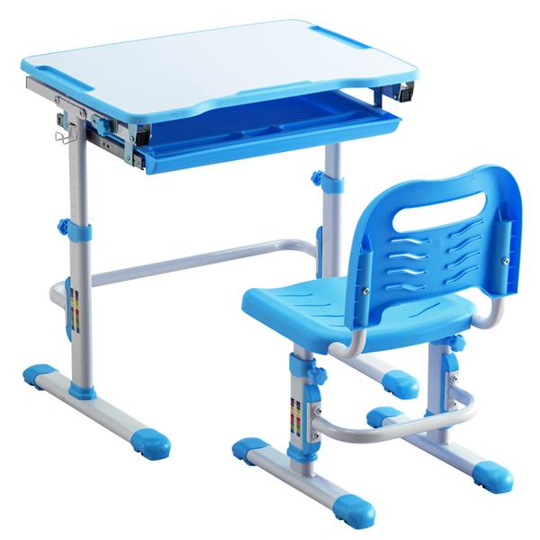 学生桌椅套装C款 白烤漆 白色面 蓝色塑料【70x38x(52-74)cm】-4