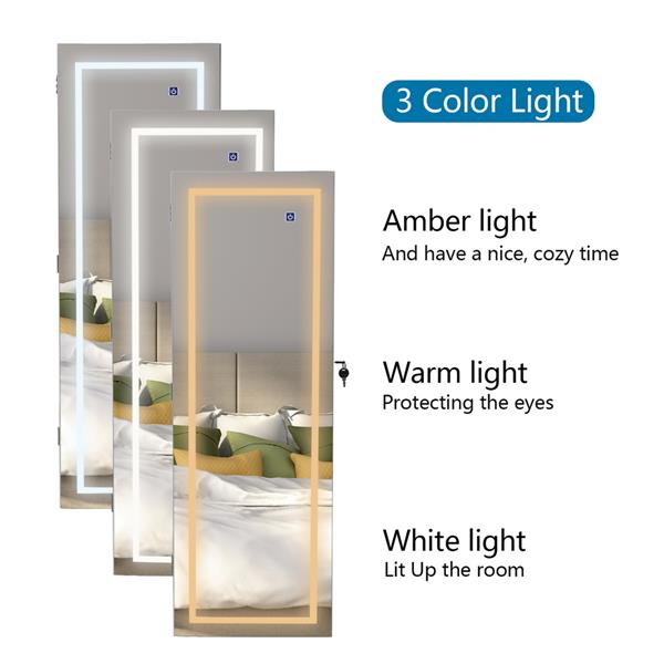 全面镜木制挂墙式4层置物架带内镜面3色LED灯首饰收纳镜柜-白色-6