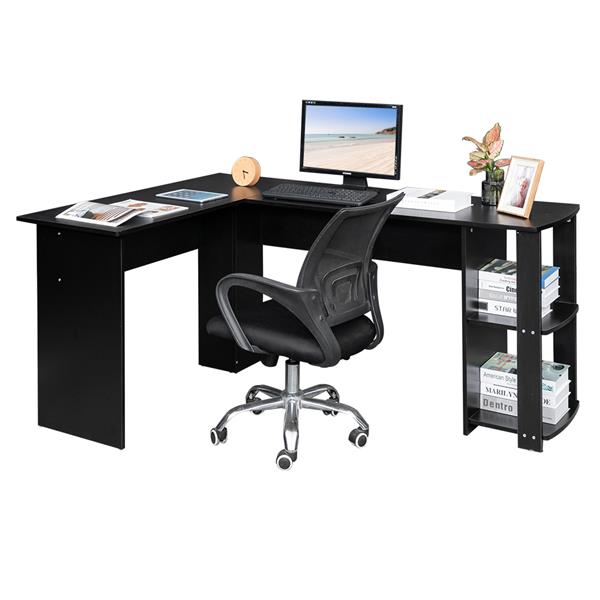L型木质电脑办公桌带2层置物层-黑色 【DC】-10