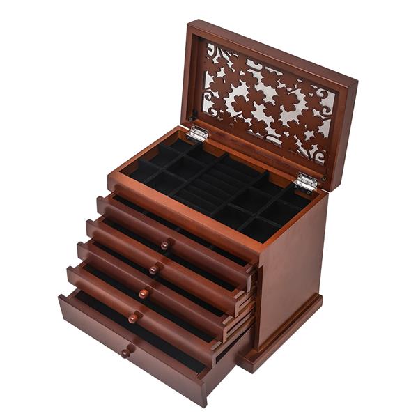 5抽屉6层木质首饰盒-棕色花纹+黑色绒布-4