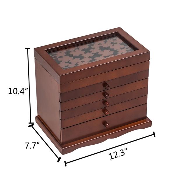5抽屉6层木质首饰盒-棕色花纹+黑色绒布-11