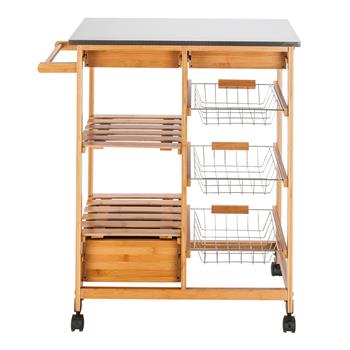 【FCH】可移动带不锈钢桌面、3抽、3篮厨房餐车-原木色