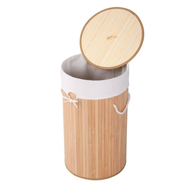 圆桶式折叠脏衣篮含盖子（竹质）-原木色-2