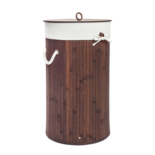 圆桶式折叠脏衣篮含盖子（竹质）-深棕色-13