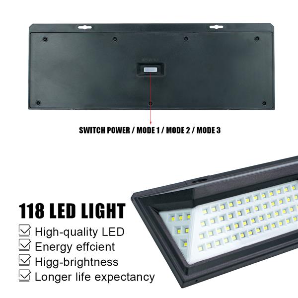 118 LED 太阳能壁灯（人体感应 光控）黑壳 白光 定制款 ZC001283 (最低7W) 流明：750LM 电池：3.7V 3000mah 18650-5