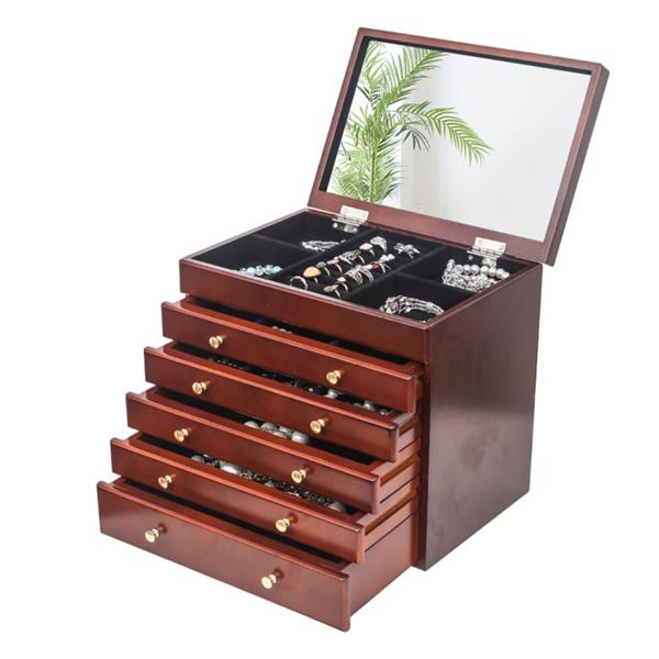 5抽屉6层木质首饰珠宝盒带双开门-色精棕色柜体黑色绒布-7