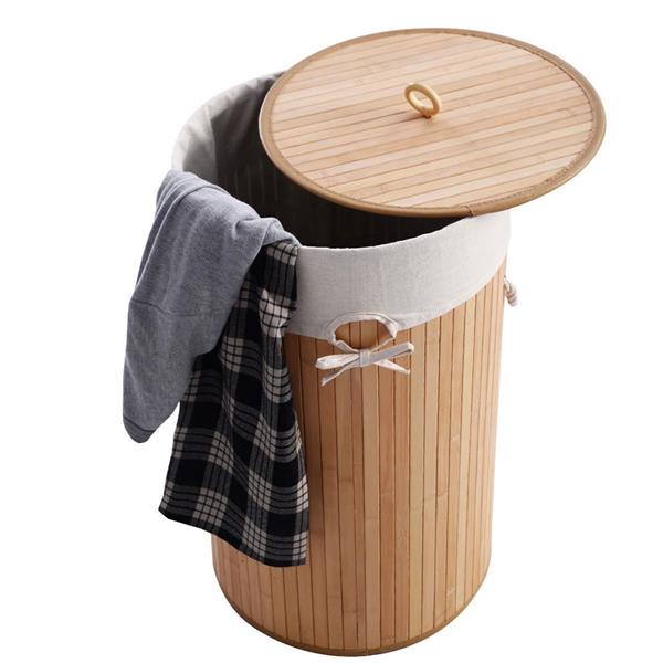 圆桶式折叠脏衣篮含盖子（竹质）-原木色-3