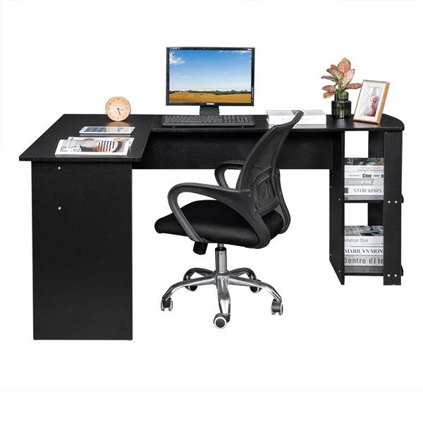 L型木质电脑办公桌带2层置物层-黑色 【DC】-3