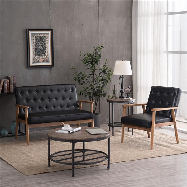 A款复古的现代木质 单人沙发椅，黑色PU （75x69x84CM）-36