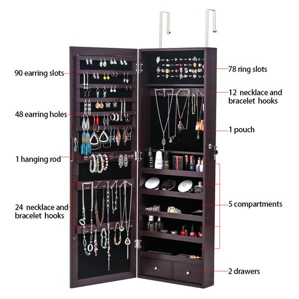 全面镜木制挂墙式5层置物架2抽屉首饰收纳镜柜 - 深棕色-12