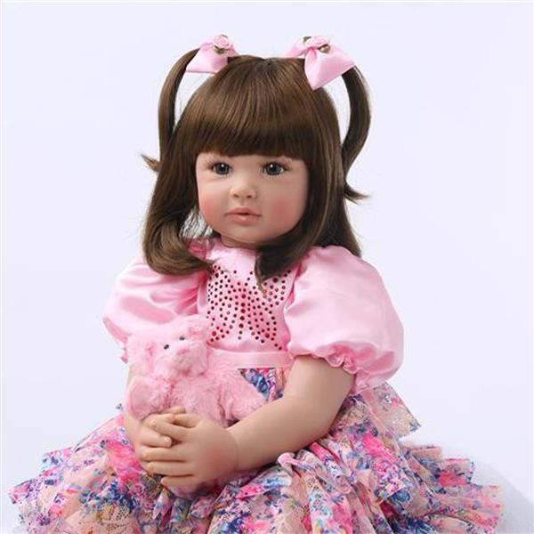 【KRT】布身仿真娃娃:24英寸 棕色卷发彩色印花裙子(纤维发套)-4
