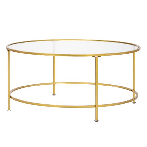 HODELY 36"金色单层5mm厚钢化玻璃台面圆形铁艺咖啡桌（HT-JJ018）-1