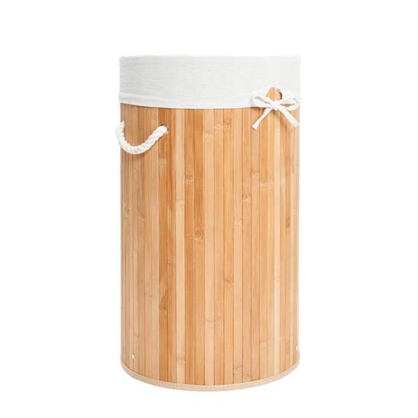 圆桶式折叠脏衣篮含盖子（竹质）-原木色-9