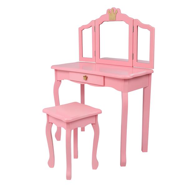 Description Picture 5 of itemChildren's Wooden Dresser Three Sides Folding Mirror Dresser Chair Single Drawer Pink Crown For Bedroom Dressing Room