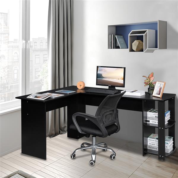 L型木质电脑办公桌带2层置物层-黑色 【DC】-4