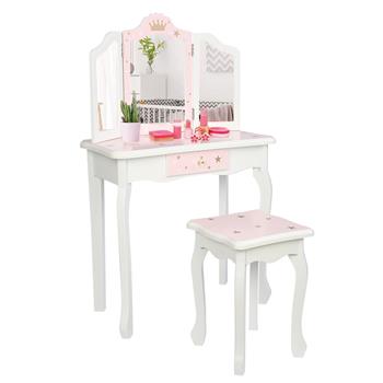 【TS】木质玩具：儿童梳妆台 三面可折叠镜子/椅子/单个抽屉 粉色星星款 W08H094