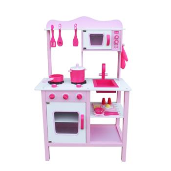 【TS】木质玩具：仿真厨台 配开放式厨壁/单橱柜/烤箱/厨具 粉色 W10C045