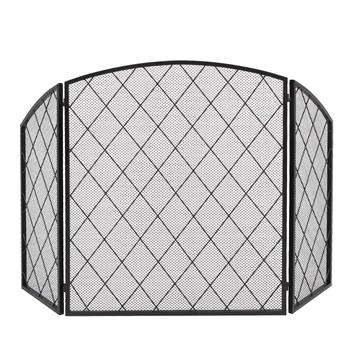 三折弧形顶部细线菱形网格装饰铁艺壁炉屏风128*77展开尺寸