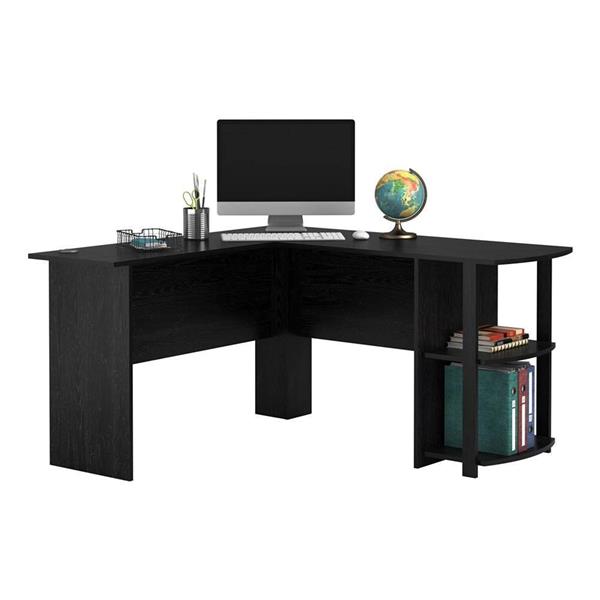 【FCH】L型木质电脑办公桌【直角】，2层置物层-黑色