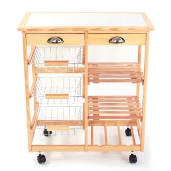 【FCH】厨房&饭厅可移动双排置物架，餐车-原木色
