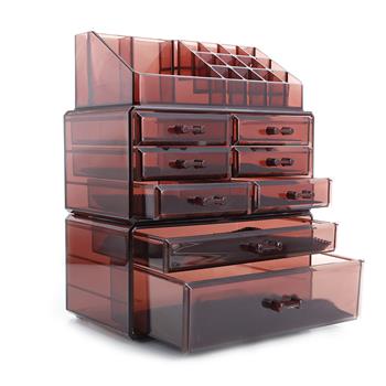棕色透明塑料化妆品收纳架3件套（2大抽屉+6小抽屉）