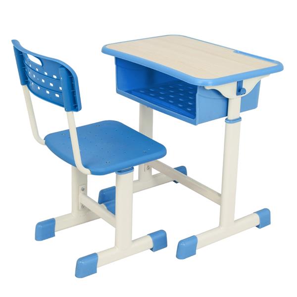 学生桌椅套装B款 白烤漆 木纹面 蓝色塑料【60x40x(63-75)cm】-6