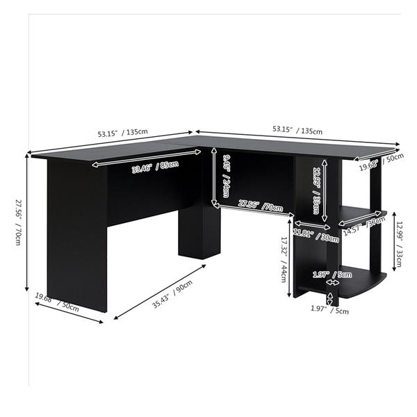 【FCH】L型木质电脑办公桌【直角】，2层置物层-黑色