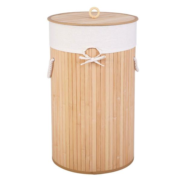 圆桶式折叠脏衣篮含盖子（竹质）-原木色-6