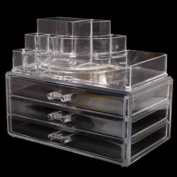 透明塑料三抽屉式化妆盒弧形2件套-1303-9