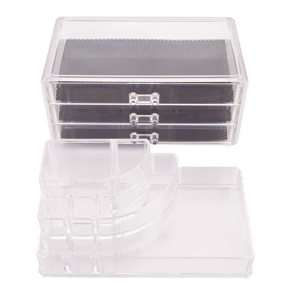 透明塑料三抽屉式化妆盒弧形2件套-1303-1
