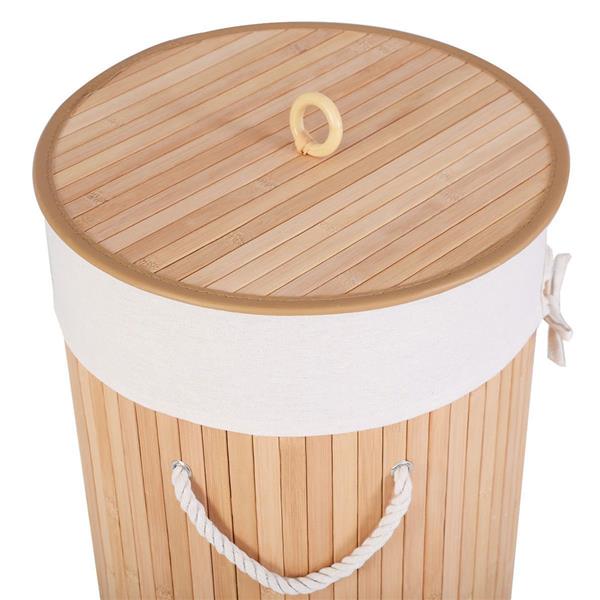 圆桶式折叠脏衣篮含盖子（竹质）-原木色-4