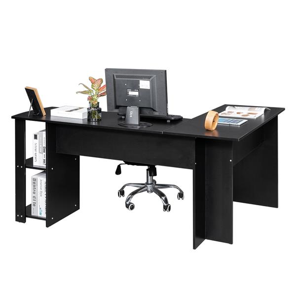 L型木质电脑办公桌带2层置物层-黑色 【DC】-11