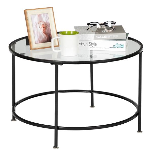 HODELY 36"黑色2层5mm厚钢化玻璃台面圆形铁艺咖啡桌（HT-JJ020）-12