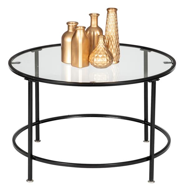 HODELY 36"黑色2层5mm厚钢化玻璃台面圆形铁艺咖啡桌（HT-JJ020）-10