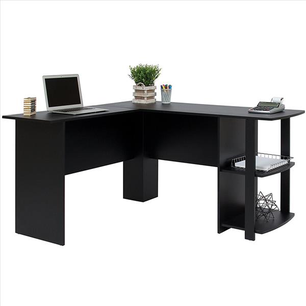 L型木质电脑办公桌【直角】，2层置物层-黑色-3