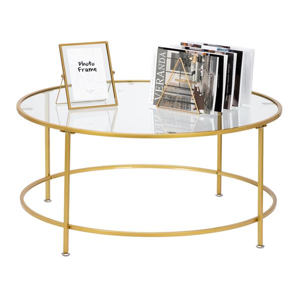HODELY 36"金色单层5mm厚钢化玻璃台面圆形铁艺咖啡桌（HT-JJ018）-13