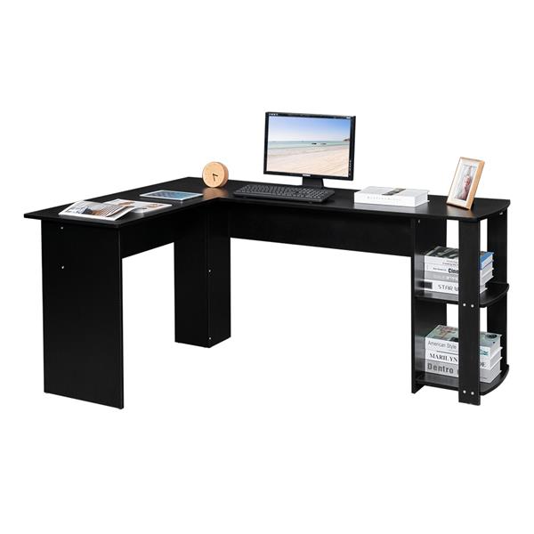 L型木质电脑办公桌带2层置物层-黑色 【DC】-9