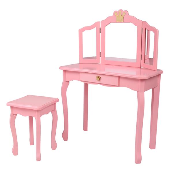 Description Picture 4 of itemChildren's Wooden Dresser Three Sides Folding Mirror Dresser Chair Single Drawer Pink Crown For Bedroom Dressing Room