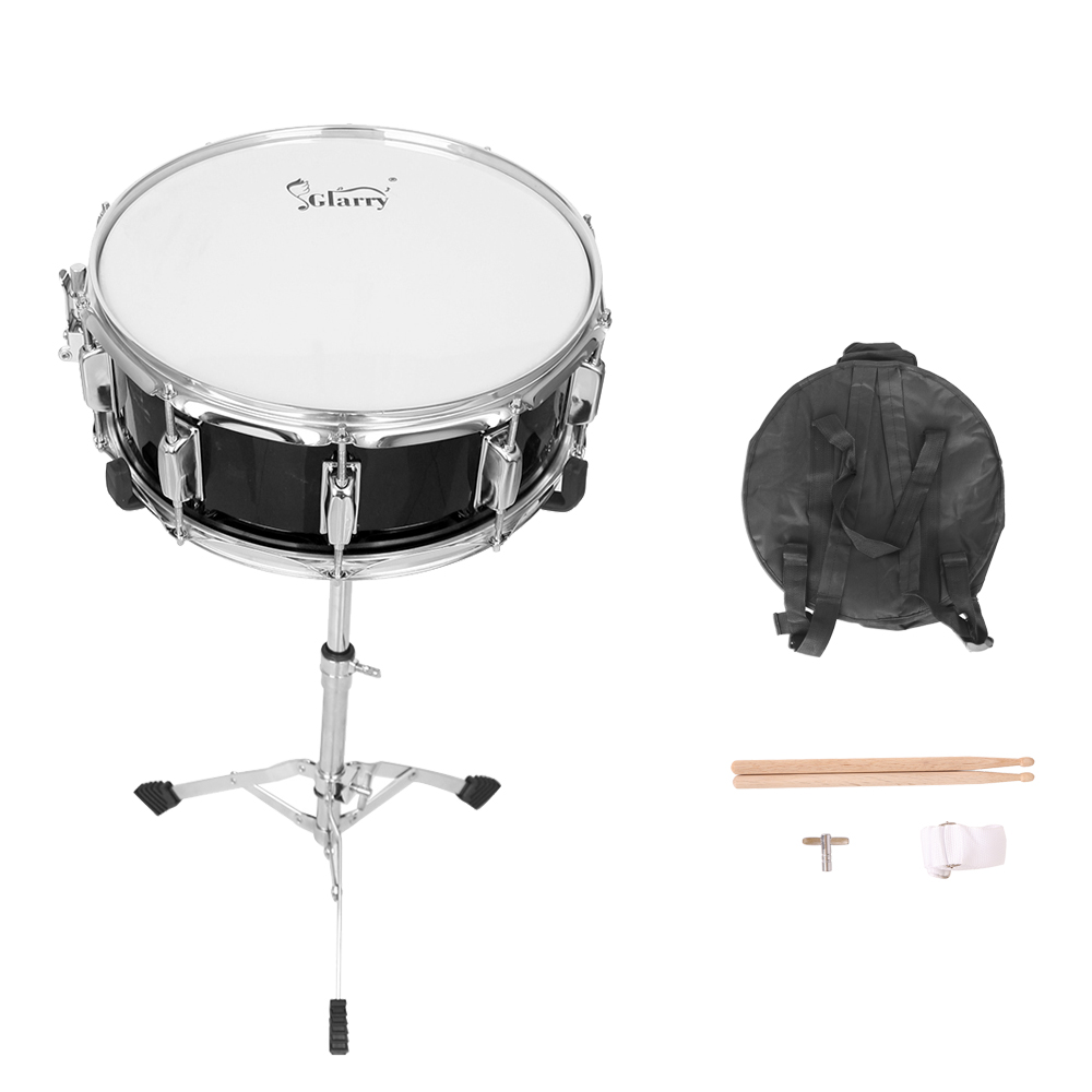 [Do Not Sell on Amazon]Glarry 14 x 5.5" Snare Drum Poplar Wood Drum Percussion Set With Snare Stent Drum Stand Black