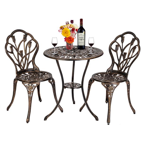 2pcs单人椅和1pc圆桌 铝 铁 郁金香 玫瑰花型 古铜色 N001 铸件套装-1