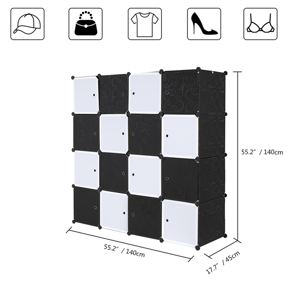 加深款4层16格格子大小35*45cm-带3个挂衣杆 魔方片衣柜 塑料 钢丝 142*47*142cm 黑白组合门 黑色花纹柜体 N001 可自由组装 DIY风-11