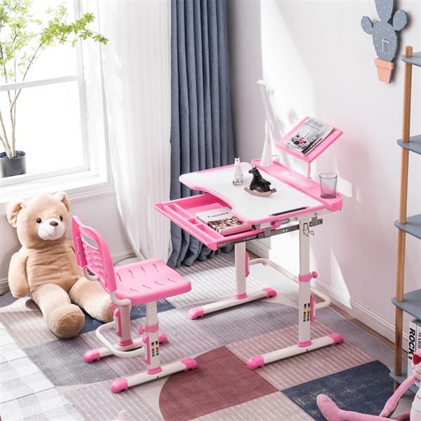 N101 1set 带阅读架带灯 铁管 塑料 长方形 粉色 70*48*(52-74)cm 提拉升降 现代 适用于3岁以上 学习桌椅-31