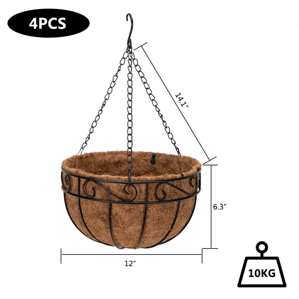 4pcs 12in 黑色 铁椰棕 种植盆 半圆形 吊篮 N001-16