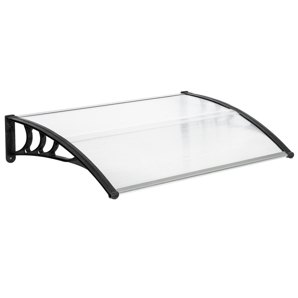 Outdoor Patio Türdach Überdachung Transparent Regenfest Vordach, 1.5 x 1m, Transparent Board Schwarz Stand