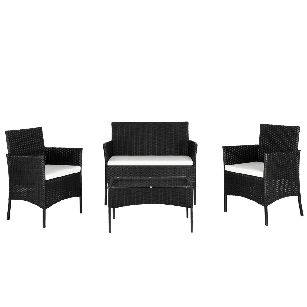 Gartenlounge Set, Schwarz, 4tlg., inkl. Sitzkissen, Kunststoff, flache Rattanoptik 