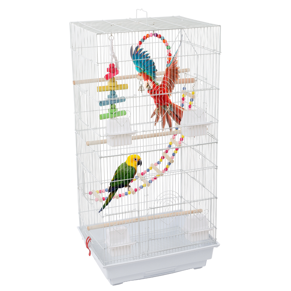 36" Bird Parrot Cage Canary Parakeet Cockatiel LoveBird Finch Bird Cage with Wood Perches & Food Cups 3 Bird Toys White